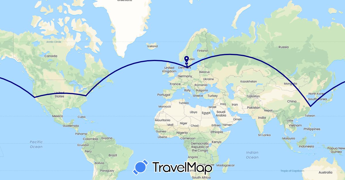 TravelMap itinerary: driving in China, Denmark, Sweden, United States (Asia, Europe, North America)